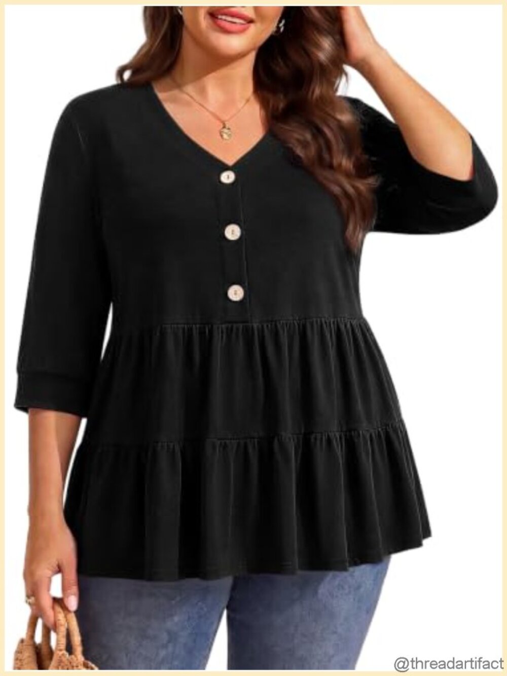 Plus Size Peplum Top 3/4 Sleeve V Neck Blouse